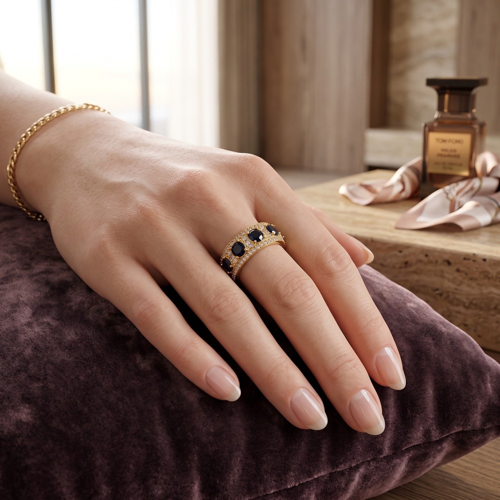Unisex Ring Size 7.25 Gold Blue Stone Pave Band Statement Ring